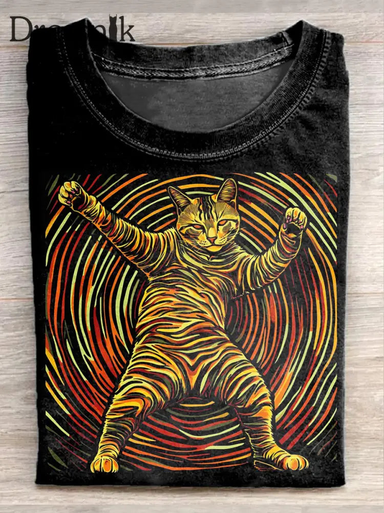 Vintage niedliche Katze Kunstdruck lässig T-Shirt als bild / S