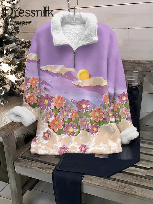 Vintage Öl Pastell Blumen Kunstdruck Mode Reiß Verschluss Plüsch Revers Top