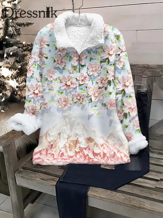 Vintage Öl Pastell Blumen Kunstdruck Mode Reiß Verschluss Plüsch Revers Top