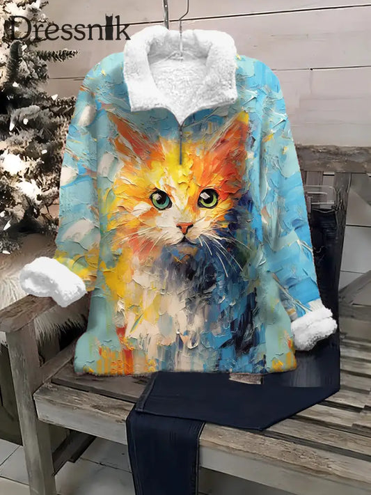 Vintage Öl Pastell Kitten Print Mode Reiß Verschluss Plüsch Revers Top