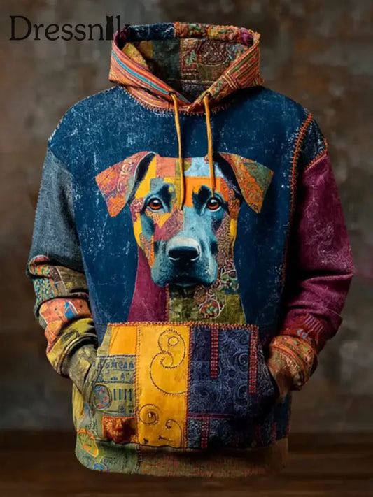 Vintage Patchwork Hunde druck Kunst Casual Hoodie als bild / S