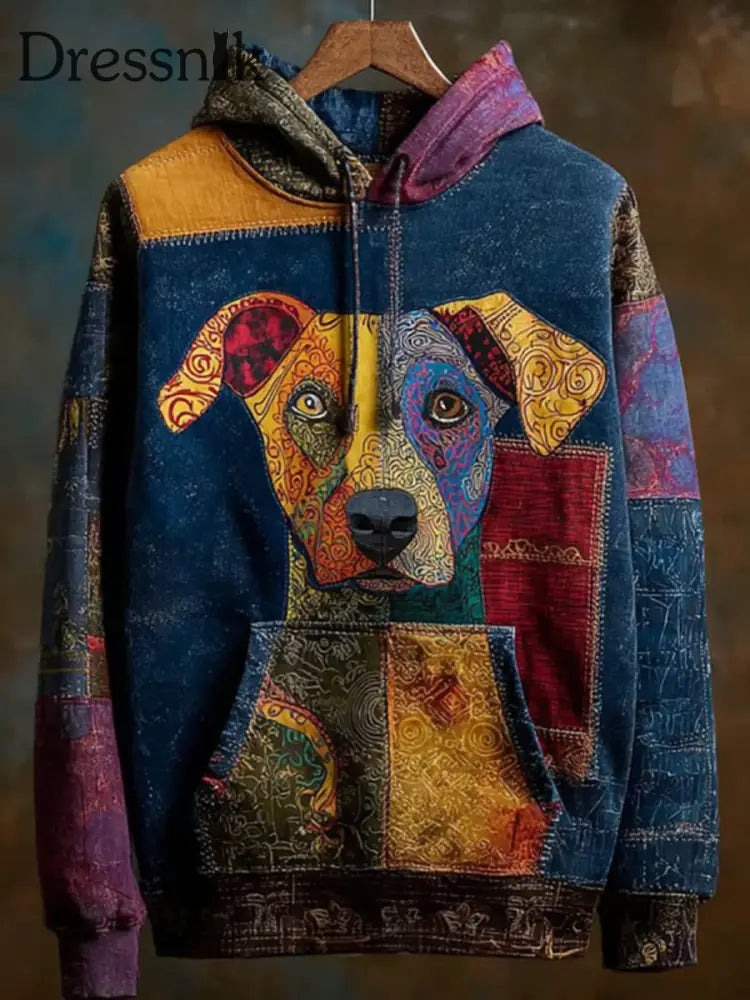 Vintage Patchwork Hunde druck Kunst Casual Hoodie als bild / S