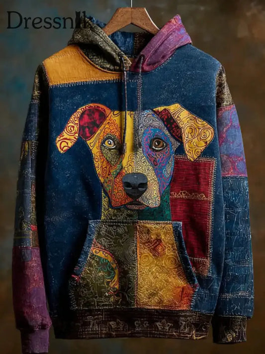 Vintage Patchwork Hunde druck Kunst Casual Hoodie als bild / S