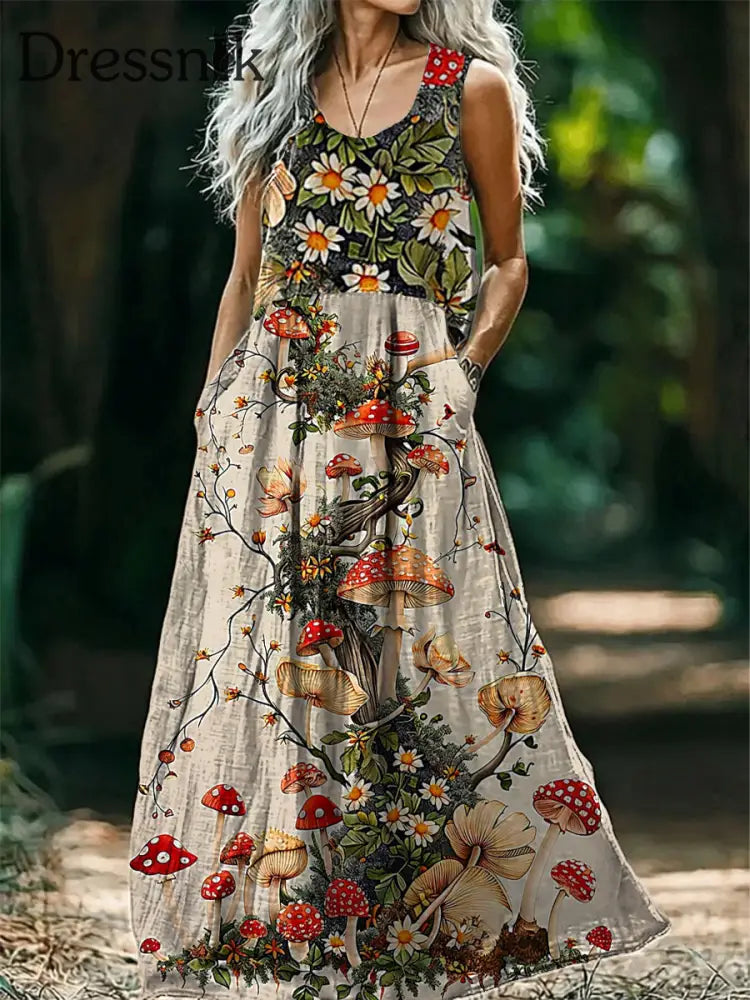 Vintage Rundhals böhmischer ethnischer Kunstdruck Elegantes schickes ärmelloses lockiges Midi-Kleid A / S