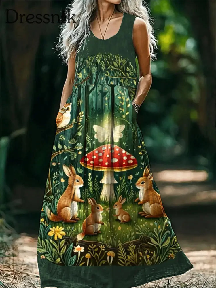 Vintage Rundhals böhmischer ethnischer Pilz druck Elegantes schickes ärmelloses loses Midi-Kleid A / S