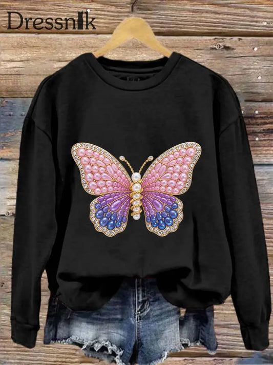 Vintage Schmetterling bunte Perlen bedruckt Rundhals Retro Mode Lose Langarm Sweatshirt Schwarz / S