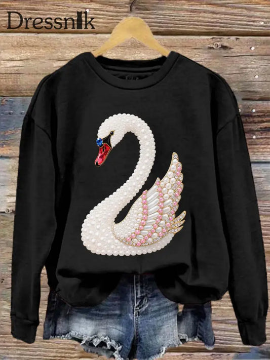 Vintage Schwanenperlen bedrucktes Sweatshirt mit Rundhals Retro Mode locker lang ärmelig Schwarz / S