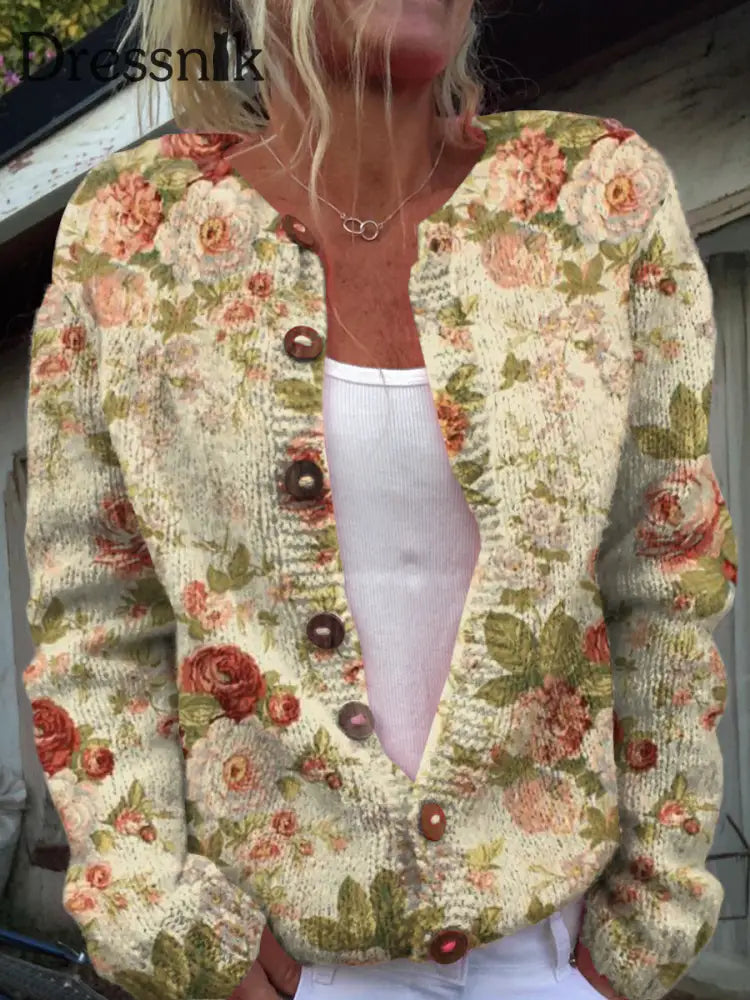 Vintage Strickjacke Mit Blumen Kunst Druck A / S