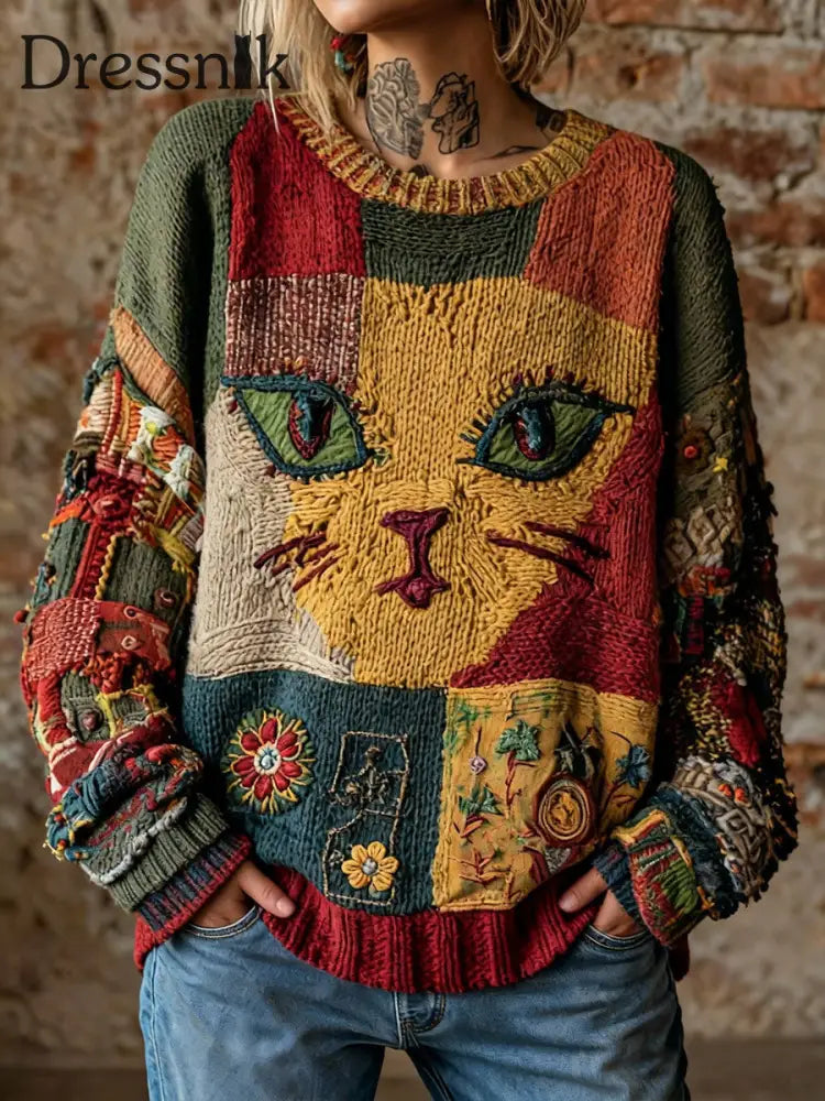 Vintage-Tops mit künstlerischem Katzen druck für Frauen als bild / S