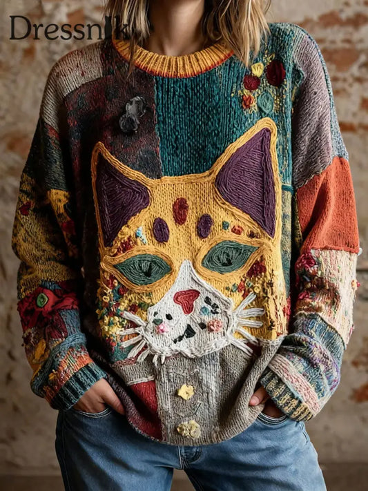 Vintage-Tops mit künstlerischem Katzen druck für Frauen als bild / S