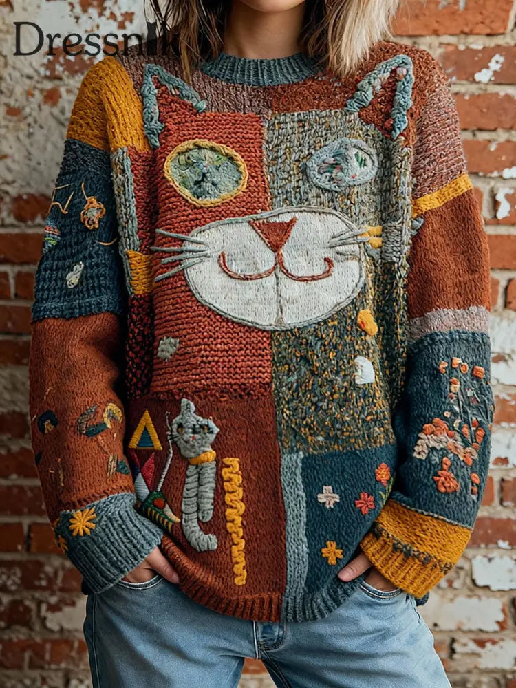 Vintage-Tops mit künstlerischem Katzen druck für Frauen als bild / S