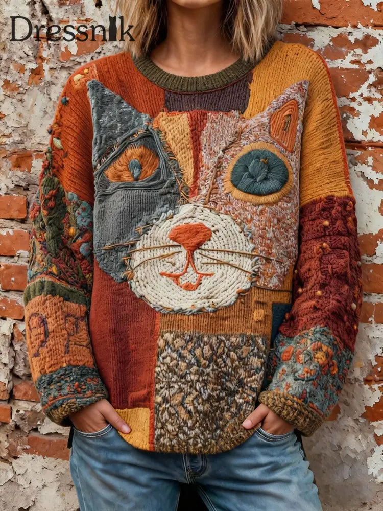 Vintage-Tops mit künstlerischem Katzen druck für Frauen als bild / S