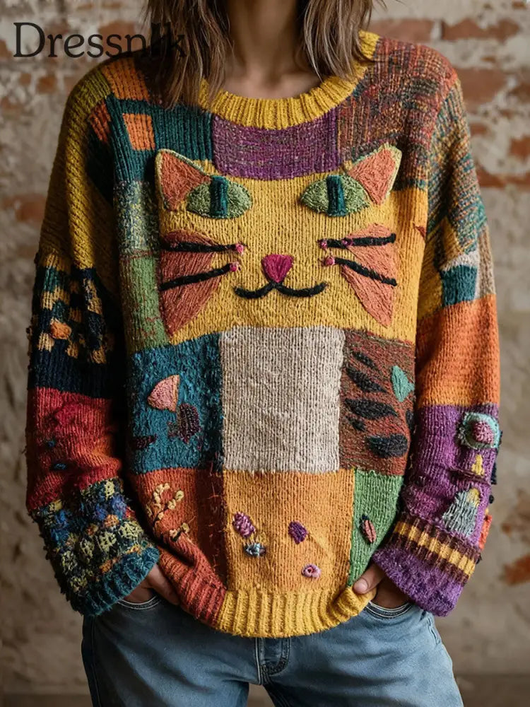 Vintage-Tops mit künstlerischem Katzen druck für Frauen als bild / S