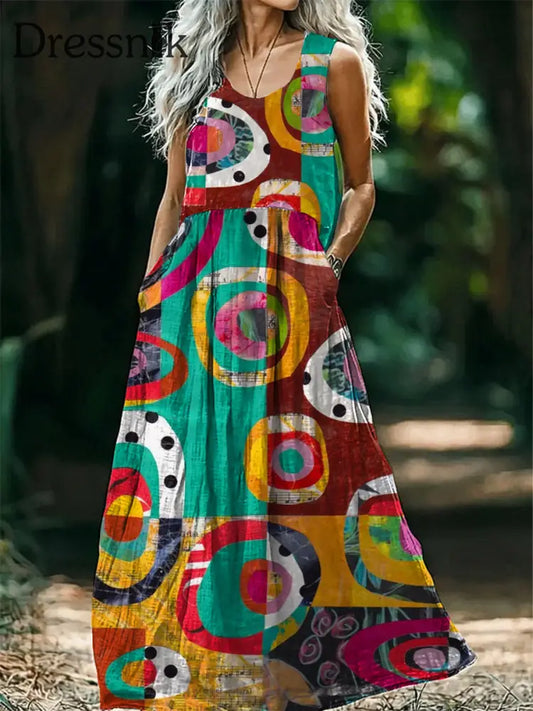 Vintage V-Ausschnitt Bohemian Geometrischer Kunst druck Elegantes schickes lockiges Midi-Kleid A / S