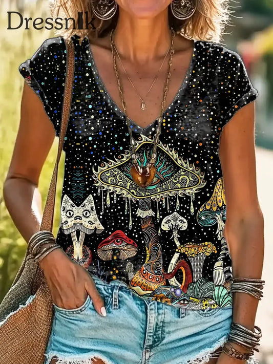 Vintage V-Ausschnitt Kunst Blumen druck Kurzarm Bohemian Casual Top A / S