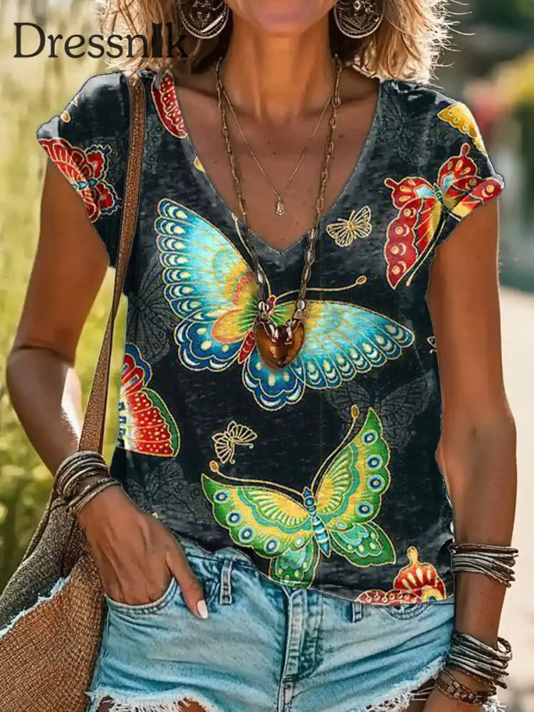 Vintage V-Ausschnitt Kunst Schmetterling Blumen druck Kurzarm Bohemian Casual Top A / S