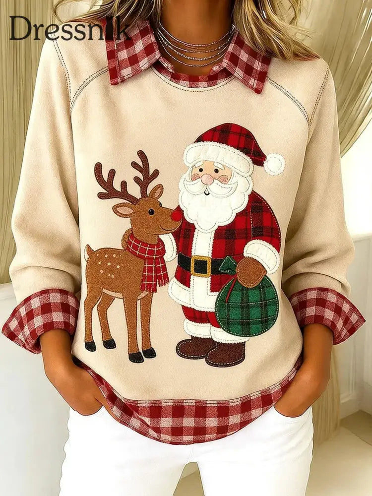 Vintage Weihnachten Santa Plaid Patchwork gedruckt lässig Lose Langarm Revers Sweatshirt Aprikose / S