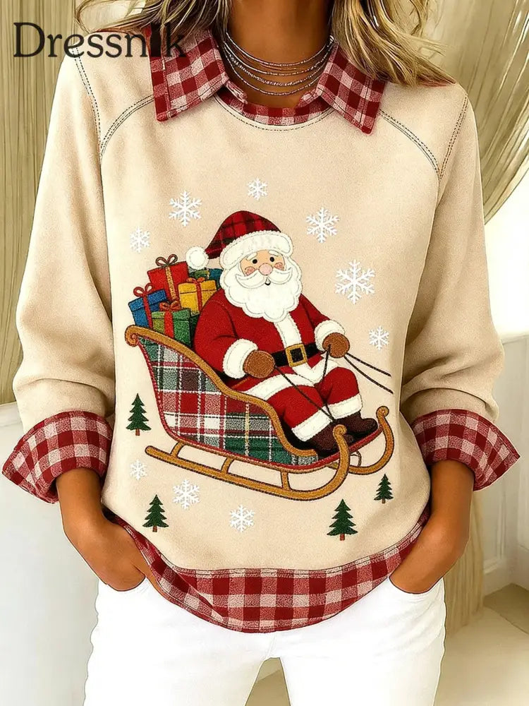Vintage Weihnachten Santa Plaid Patchwork gedruckt lässig Lose Langarm Revers Sweatshirt Aprikose / S