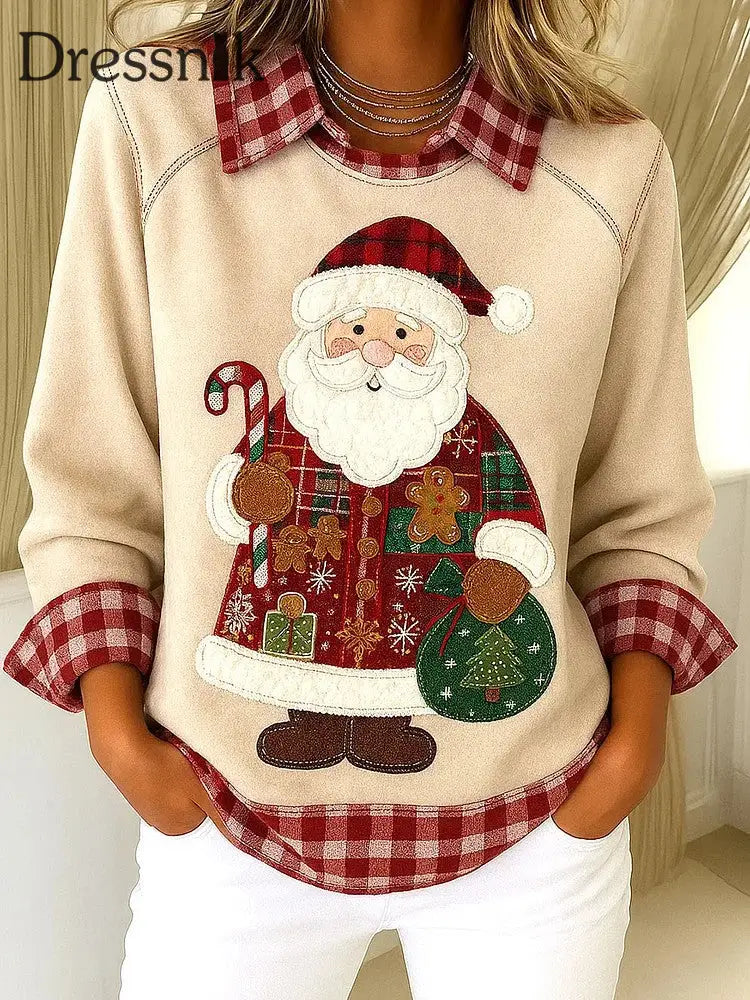 Vintage Weihnachten Santa Plaid Patchwork gedruckt lässig Lose Langarm Revers Sweatshirt Aprikose / S