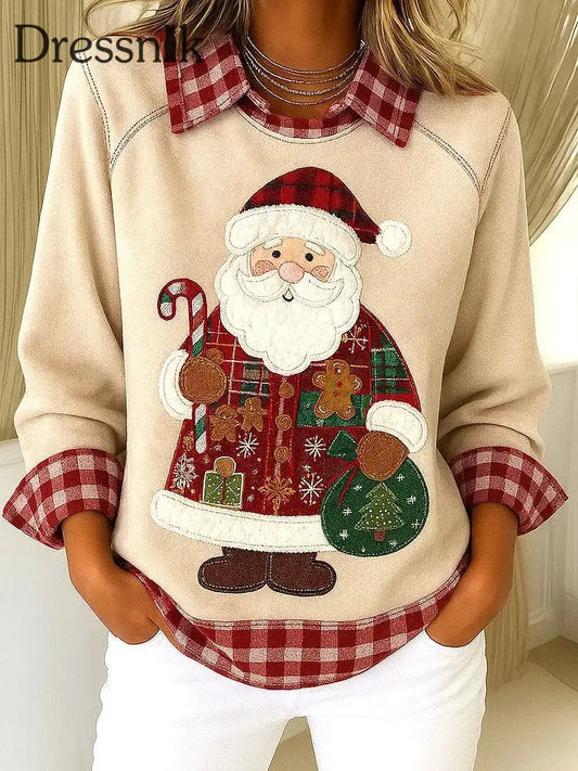 Vintage Weihnachten Santa Plaid Patchwork gedruckt lässig Lose Langarm Revers Sweatshirt Aprikose / S