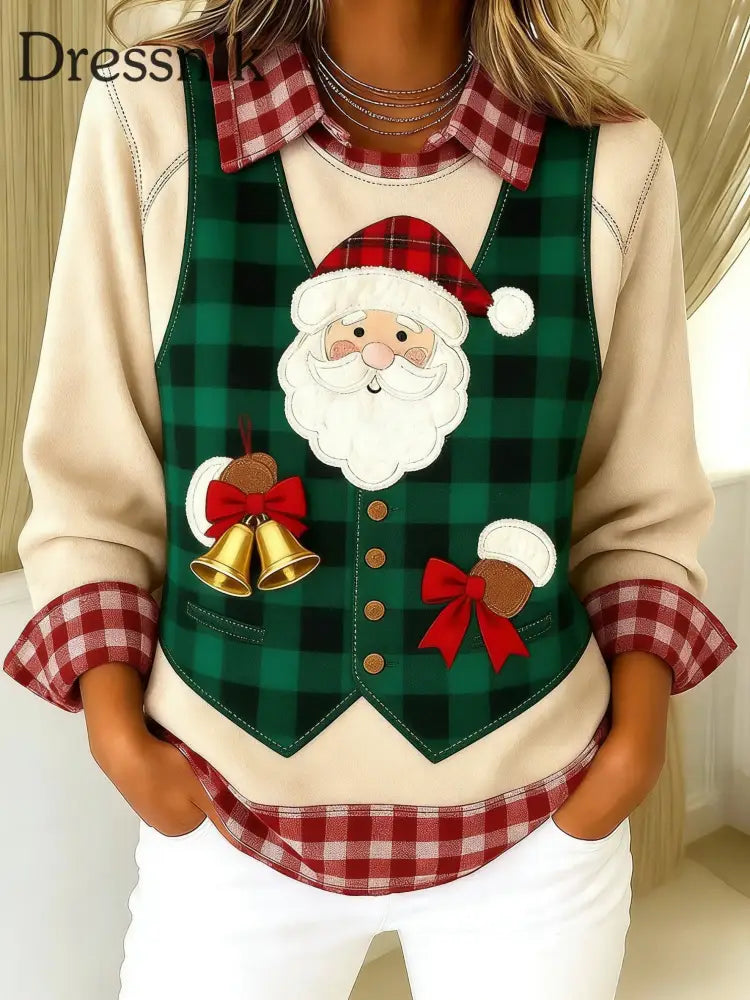 Vintage Weihnachten Santa Plaid Patchwork gedruckt lässig Lose Langarm Revers Sweatshirt Aprikose / S