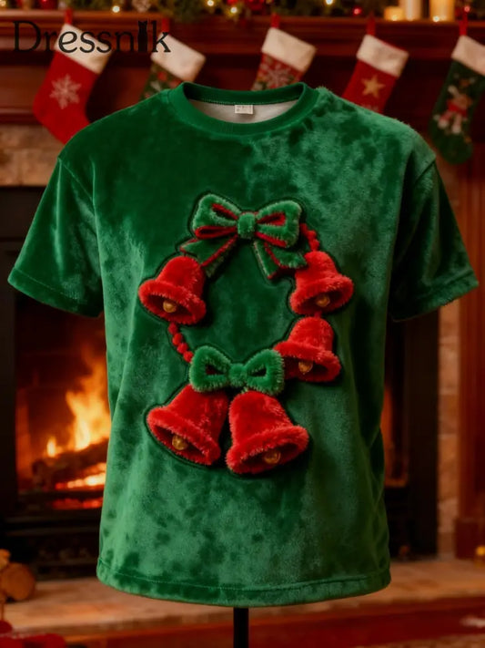 Vintage Weihnachts glocken Print Plüsch Kurzarm T-Shirt Grün / S
