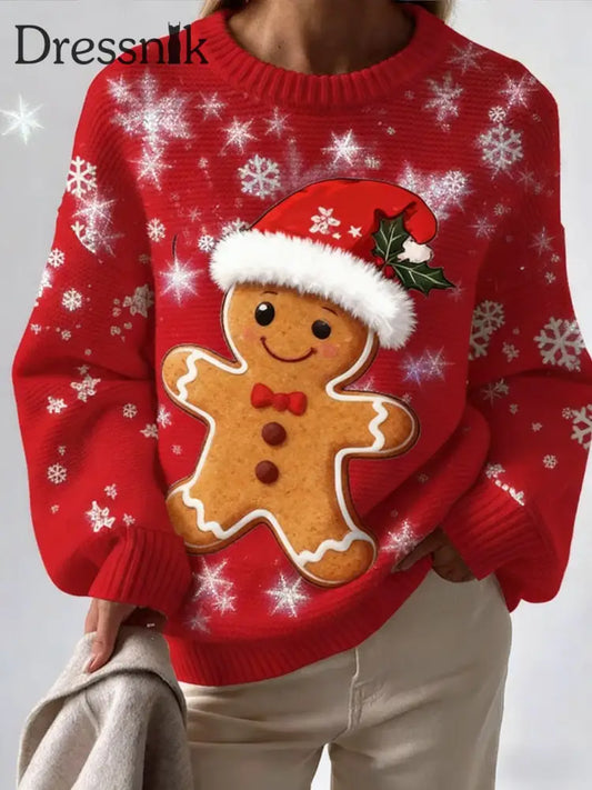 Vintage Weihnachts lebkuchen mann bedruckt Rundhals Retro-Mode Lose Langarm-Strickwaren Rot / S
