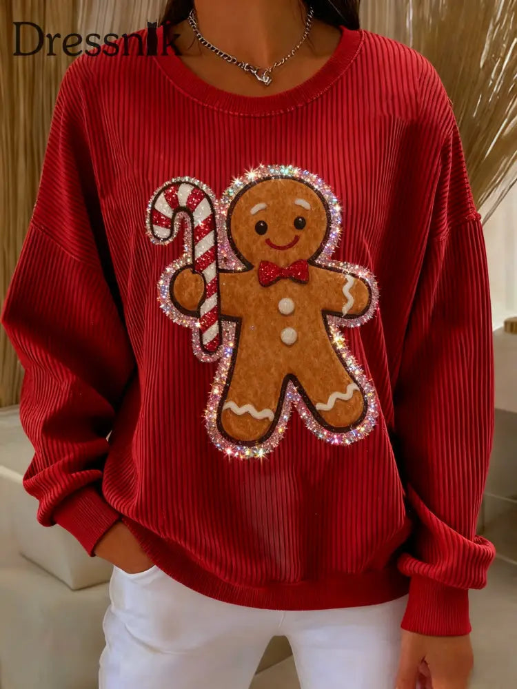 Vintage Weihnachts lebkuchen Mann Pailletten Lose Langarm Sweatshirt Rot / S
