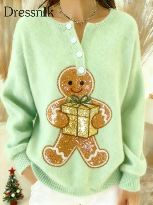 Vintage Weihnachts-Pailletten-Lebkuchen-Mann-Druck bequemes Flanell-Sweatshirt Grün / S