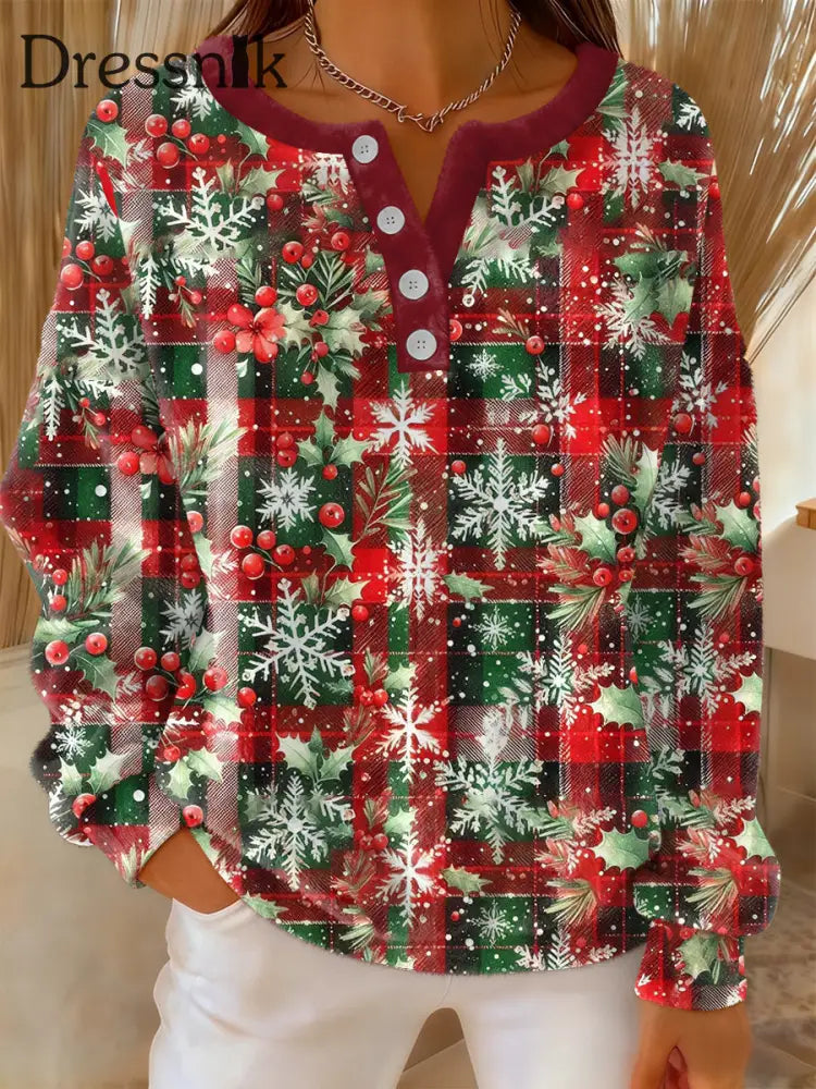 Vintage Weihnachts-Sweatshirt mit Blumen kariertem Aufdruck komfortables Flanell Rot / S