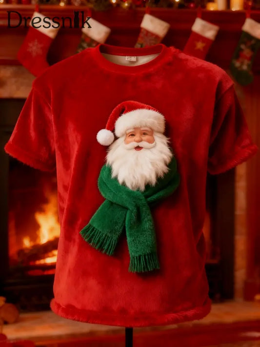 Vintage Weihnachts-Weihnachtsmann-Schal-Print-Plüsch-T-Shirt mit kurzen Ärmeln Rot / S