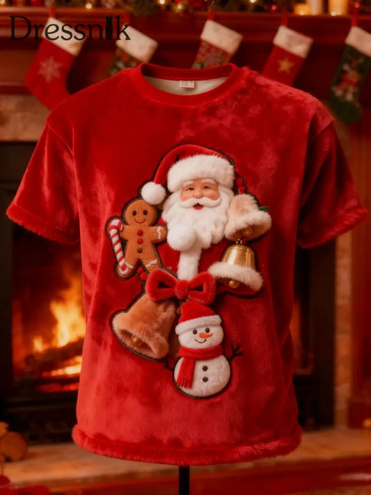 Vintage Weihnachtsmann-Print-Plüsch-Kurzarm-T-Shirt Rot / S