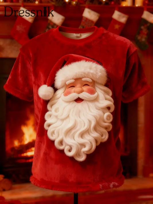 Vintage Weihnachtsmann-Print-Plüsch-Kurzarm-T-Shirt Rot / S