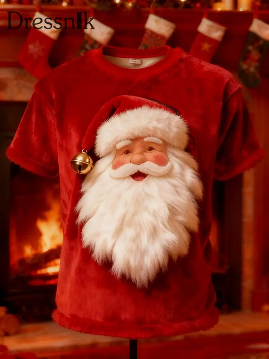 Vintage Weihnachtsmann-Print-Plüsch-Kurzarm-T-Shirt Rot / S