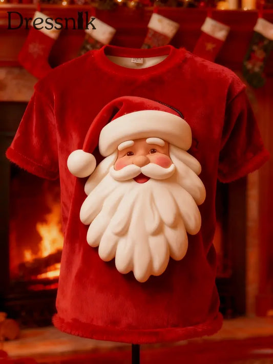 Vintage Weihnachtsmann-Print-Plüsch-Kurzarm-T-Shirt Rot / S