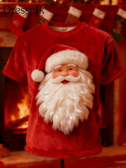Vintage Weihnachtsmann-Print-Plüsch-Kurzarm-T-Shirt Rot / S