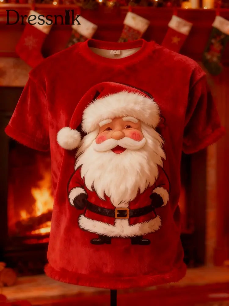 Vintage Weihnachtsmann-Print-Plüsch-Kurzarm-T-Shirt Rot / S