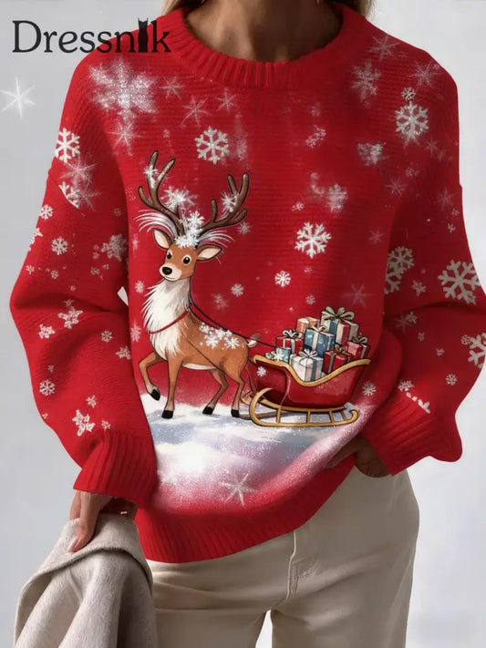 Vintage Weihnachtsrentier-Geschenke bedruckte Rundhals-Retro-Mode Lose Langarm-Strickwaren Rot / S