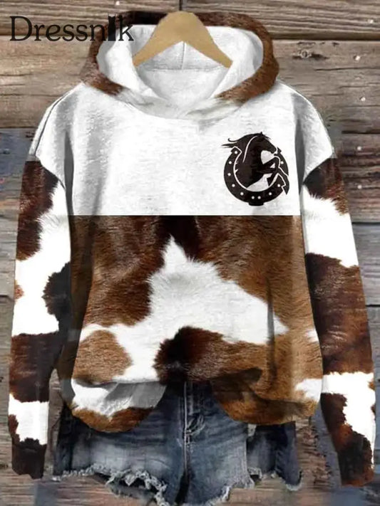 Vintage Western Animal Hair Spleiß Kontrast 3D-Druck Locker Langarm Hoodie A / S