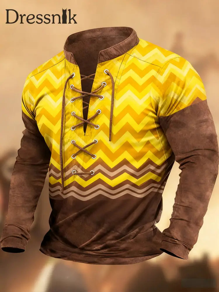 Vintage Western Art Print Country Style V-Ausschnitt Henley Langarm Hemd A / S