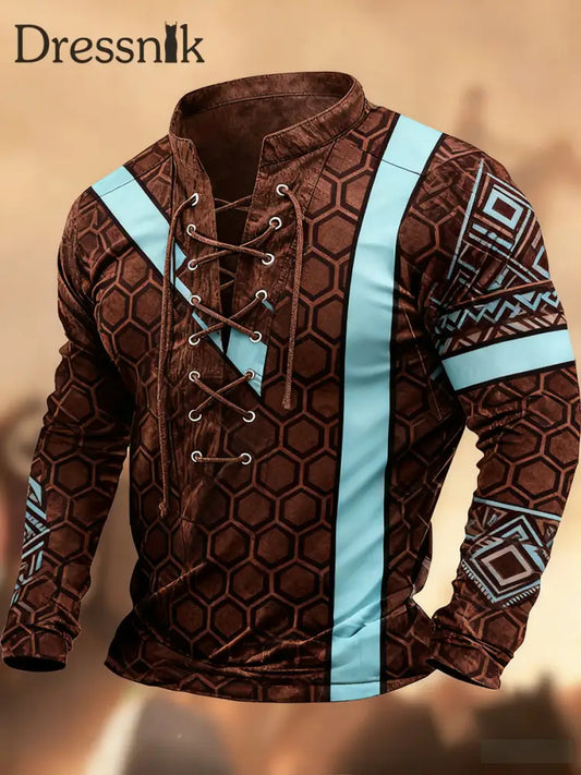 Vintage Western Art Print Country Style V-Ausschnitt Henley Langarm Hemd A / S