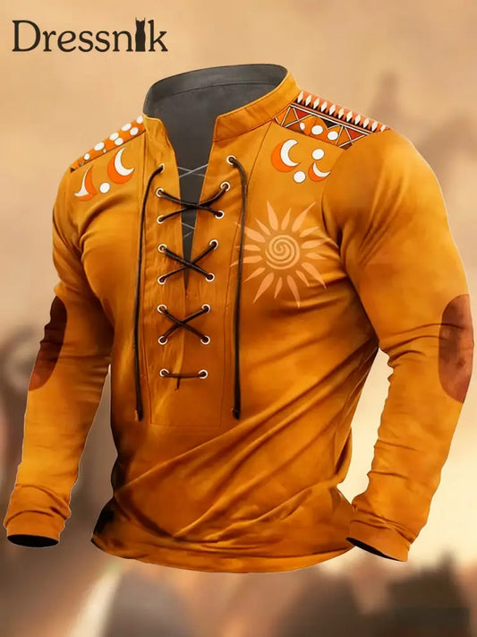 Vintage Western Art Print Country Style V-Ausschnitt Henley Langarm Hemd A / S