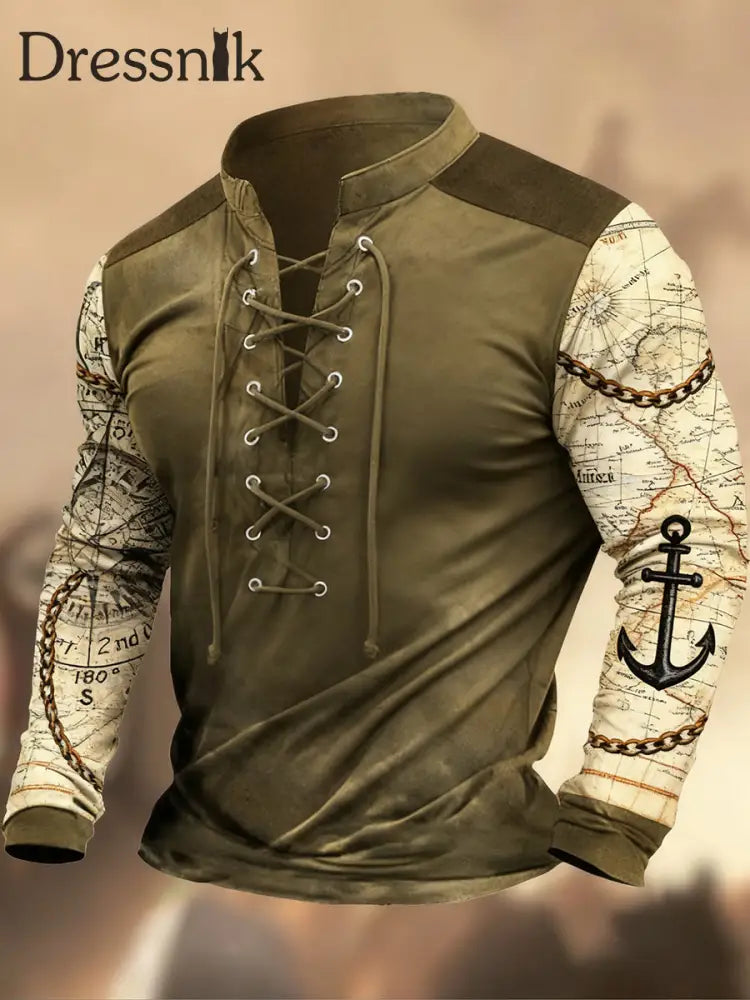 Vintage Western Art Print Country Style V-Ausschnitt Henley Langarm Hemd A / S