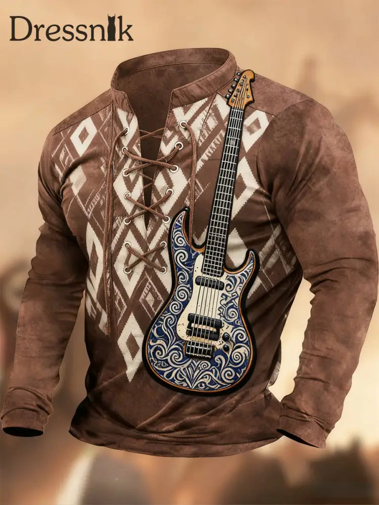 Vintage Western Art Print Country Style V-Ausschnitt Henley Langarm Hemd A / S