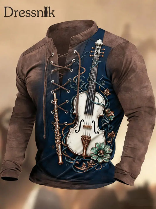 Vintage Western Art Print Country Style V-Ausschnitt Henley Langarm Hemd A / S