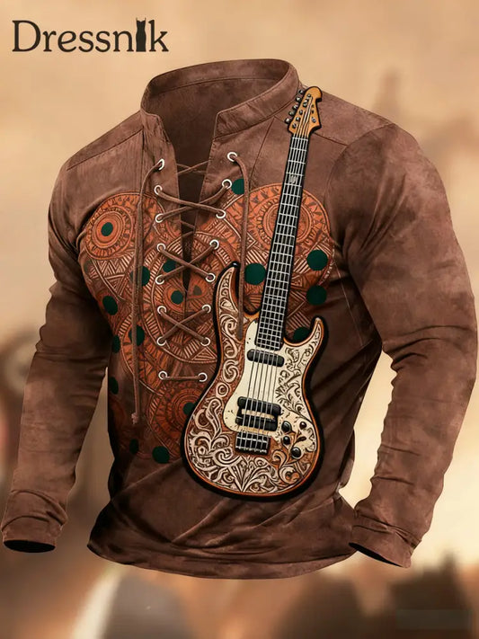 Vintage Western Art Print Country Style V-Ausschnitt Henley Langarm Hemd A / S