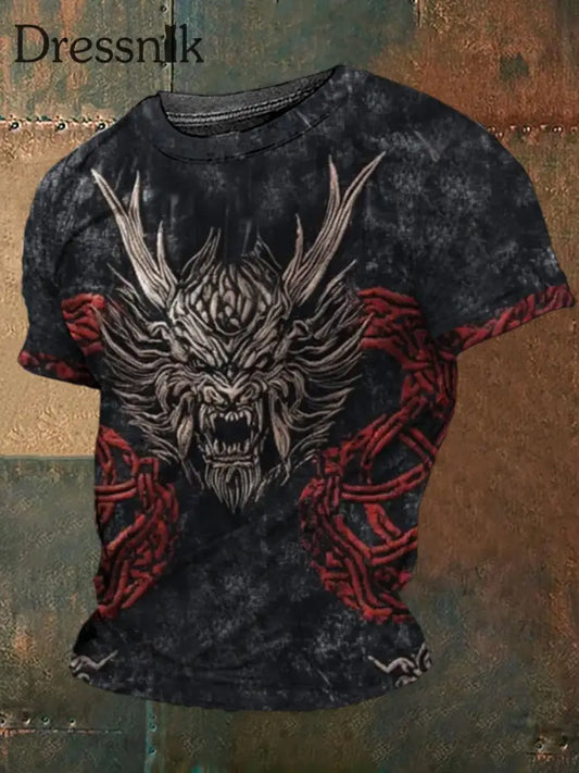 Vintage Wikinger Mythos Drachen Totem Keltischer Knoten bedrucktes Rundhals-Athletisches Kurzarm-T-Shirt A / S