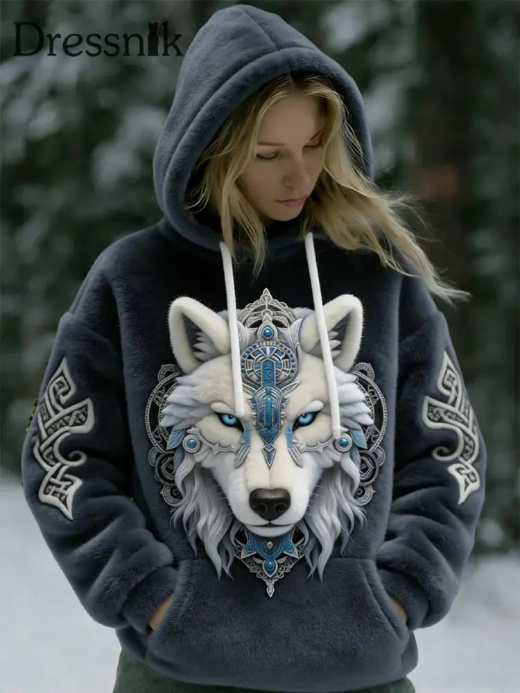 Vintage Wolf Totem Casual Flanell Hoodie für Damen mehrfarbig / S