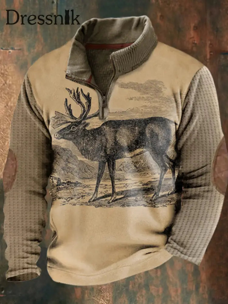 Waffel-Sweatshirt Herren Western Vintage Elk Print locker mit Ständer halsband
