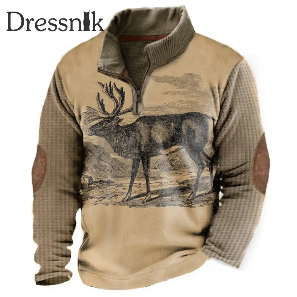 Waffel-Sweatshirt Herren Western Vintage Elk Print locker mit Ständer halsband A / S